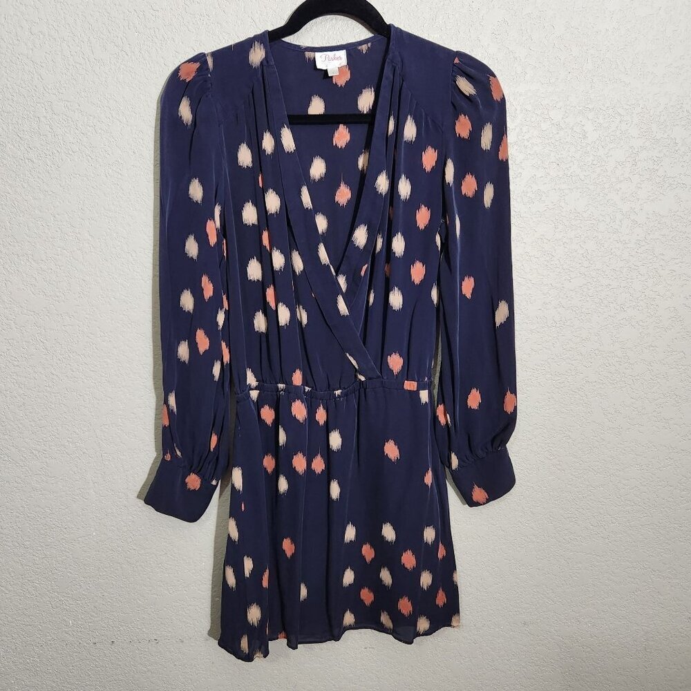 Parker Dress Womens Small Navy Blue Long Sleeve Polka Dot Wrap Dress Button Cuff